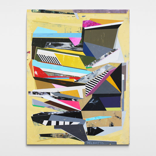 Original geometric abstract  multicolor acrylic art with yellow backgroung geometric abstract composition, titled "GN-65"